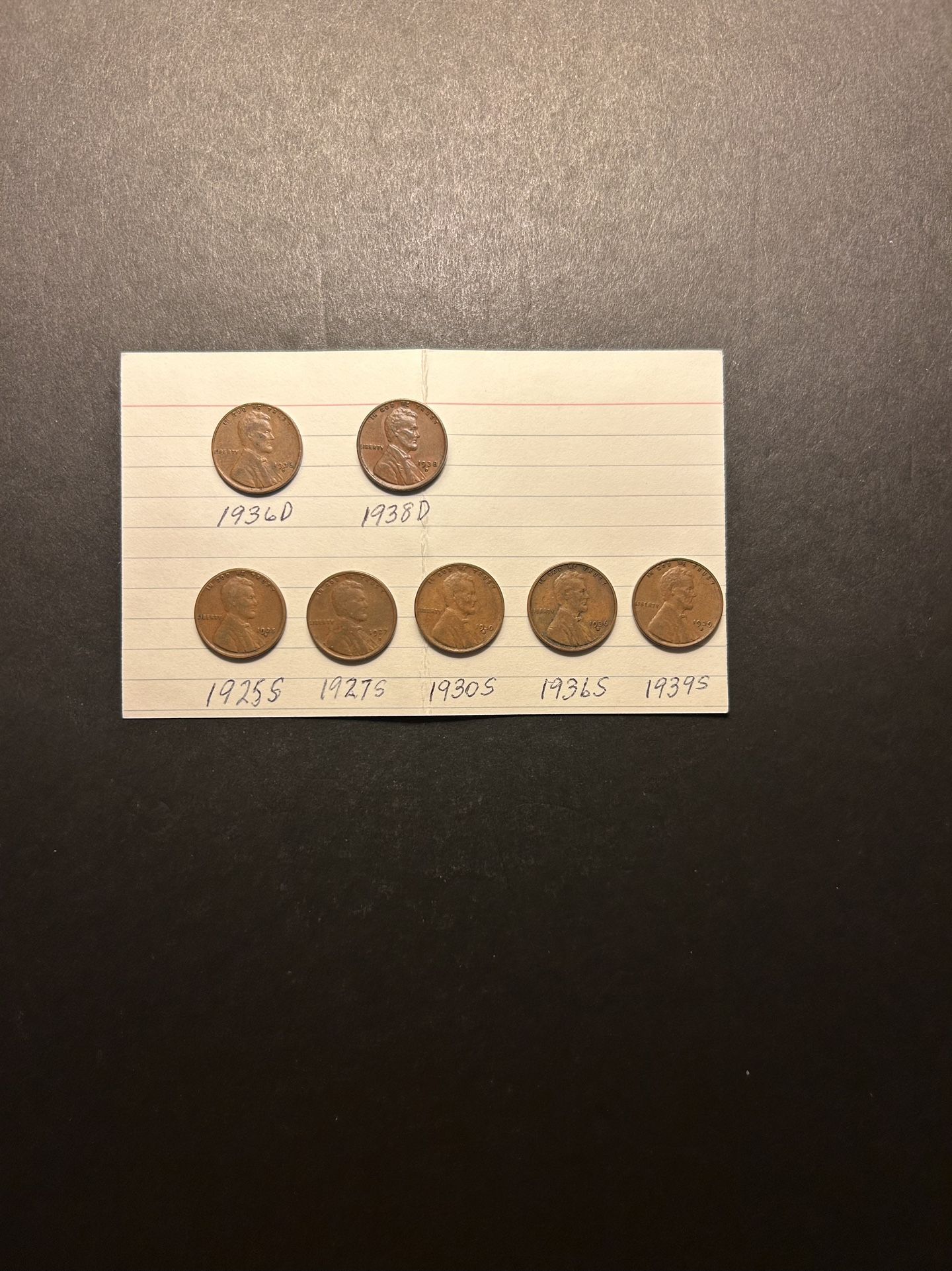 Coins Lincoln Pennies - 1936D, 1938D and 1925S, 1927S, 1930S, 1936S, 1938S – total 7 coins