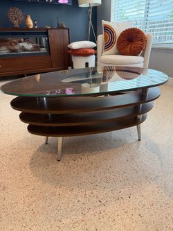 Mid-Century Modern Oval Coffee Table with Glass Top & 4-Tier Storage $120