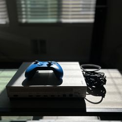 White Xbox One S Console,  Blue Xbox Wireless Controller