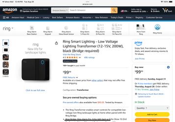 Ring Smart Lighting - Low Voltage Lighting Transformer (12-15V, 200W), black (Bridge required)