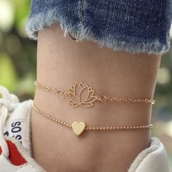 3 LEFT Stunning NEW 2pc Hollowed Lotus And Solid Heart Pendant Charm Women’s Fashion Jewelry Anklet Set 