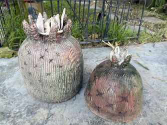 Vintage Pair Of Cactus Garden Decor Handmade Pottery, Cactus Outdoor Art Cacti Statues Garden Decor 