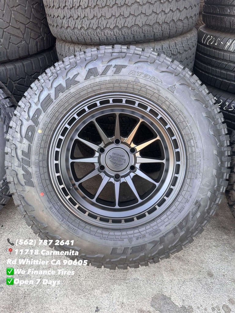 LOCK OFF ROAD BAJA Matte Black 17x9, 6x139.7 Bolt Pattern 106.2mm Hub New All Terrain Tires 265/70R17 Falken AT