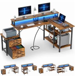 70" Gaming Desk, Reversible L Shaped Computer Desks with LED Light