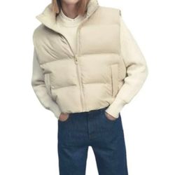 Zara White Tan Puffer Vest Size XS