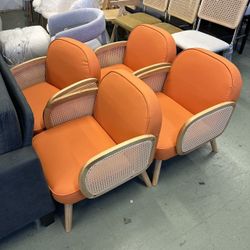 4 Accent Chairs Rattan Comfy Upholstered Modern Arm Chair for Living Room Reading Bedroom Balcony Faux Leather Chair, Orange