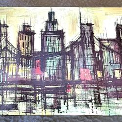 Vintage print titled "Night Bridge River City 1964" by Donald Art. This piece is a stylized interpretation of a city skyline with a bridge, reflecti