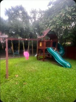 Large wooden playground swing set