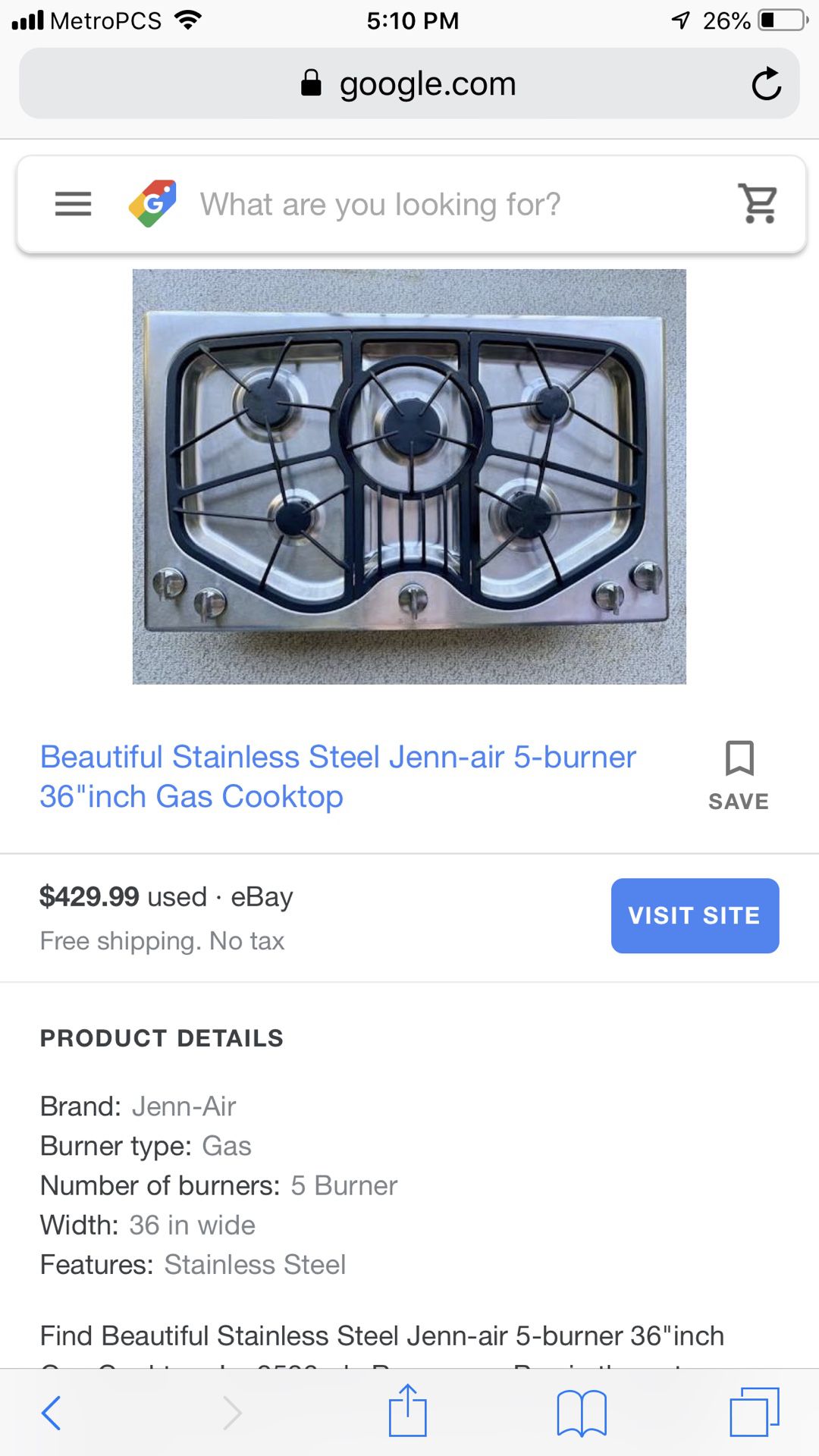 Jen-air stainless steel 36” gas cooktop.