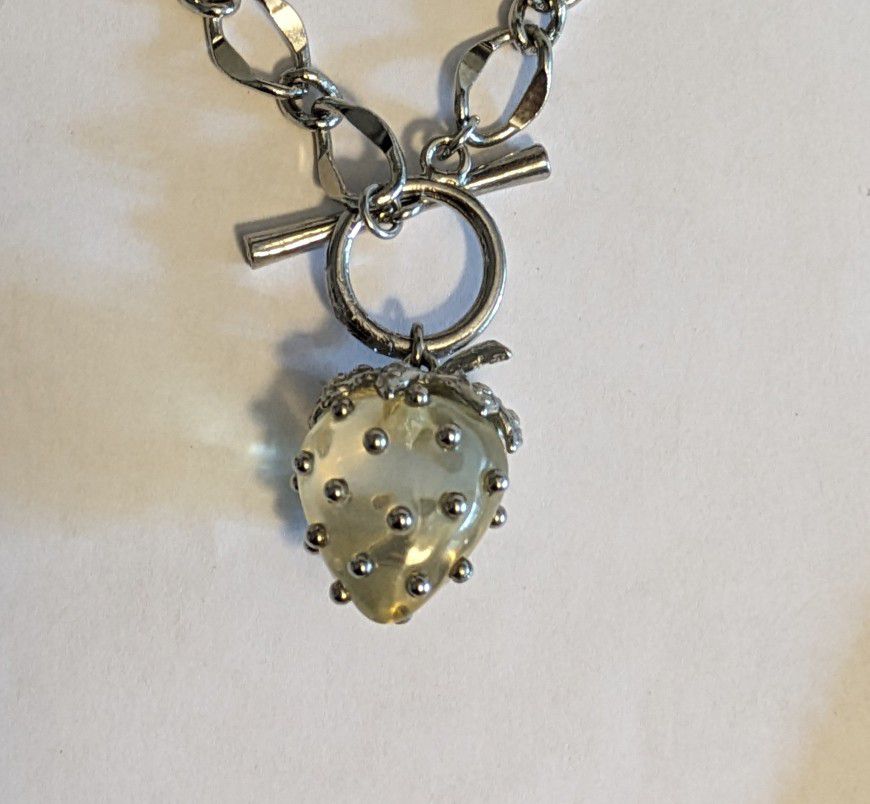 Strawberry Bracelet Dangle Charm Strawberry White With Silver Dots And Leaves 