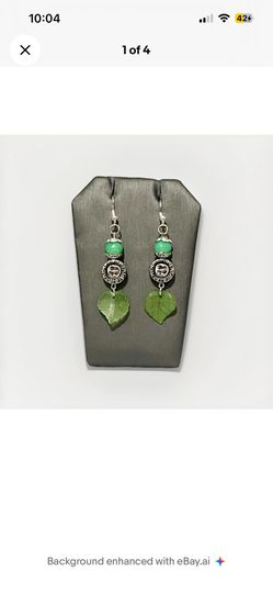 Green Bead Leaf Dangle Double Sided Moon Sun Earrings Handmade Boho Gift for Her