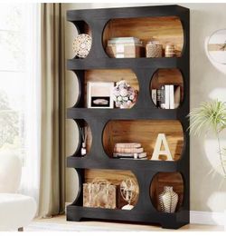 New assembled JW0995 71" Tall Bookcase, 4-Tier S-Shaped Bookshelf, Wood Decorative Storage Shelving, Modern Freestanding Display Shelves, Large Librar