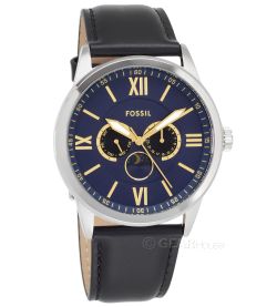 FOSSIL Flynn Mens Multifunction Watch Blue Dial Day Date Moon Sun, Black Leather.
