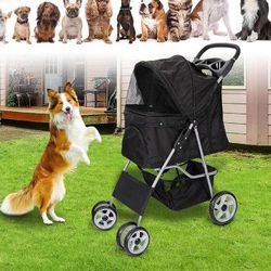 Foldable Pet Stroller, Cat/Dog Stroller with 4 Wheel, Pet Travel Carrier Strolling Cart with Storage Basket, Cup Holder, Black

