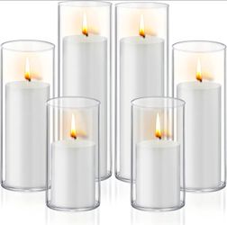 12 PCS White Pillar Candles with Glass Candle Holders (6 Candles+6 Candle Hoders)