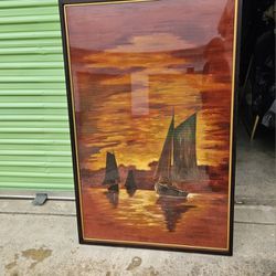 Vintage MCM Mid-century Sailboat Sunset Painting