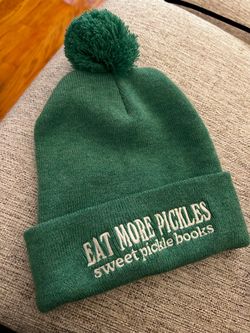 Green “Eat More Pickles” ribbed beanie hat with pompom