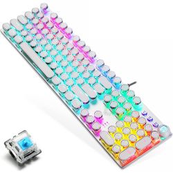 Mechanical Gaming Keyboard,Blue Switches,USB Wired,Retro Steampunk Typewriter Round Keycaps,Metal Panel,Moveable Wrist Rest,For Game And Office,For La