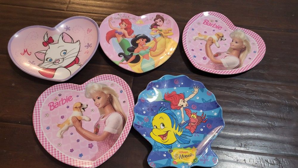 Vintage Disney and Barbie Kids Melamine Plates Set of 5