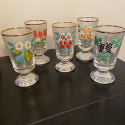 Vintage Hand Painted (set of 5) German Glasses with Gold Rim