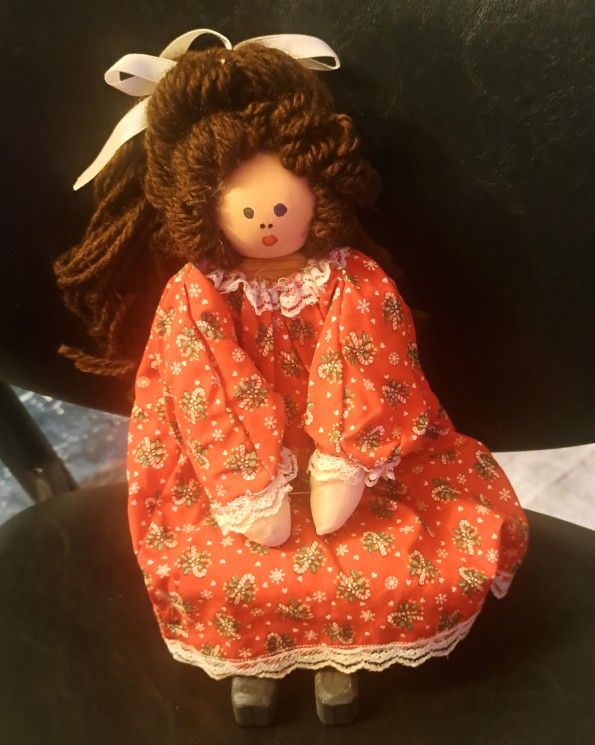 Vintage Sitting Girl Handcrafted Wooden Doll