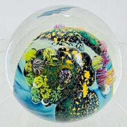 Vtg 1992 JOSH SIMPSON studio art glass INHABITED PLANET PAPERWEIGHT xlnt WOW!