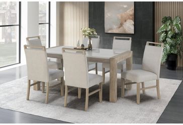 Stunning natural wood finish dining set complemented by a luxurious real white marble top