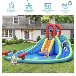 Inflatable Water Park, 18 x 17 x 9.5 FT Mighty Bounce House w/ Large Splash Water Pool, Climbing Wall, 2 Slides & Water Cannon, Including Bag, Repair