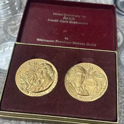 ARCO Credit Card Customers Wittnauer Precious Metals Guild STERLING SILVER coin set Thomas Jefferson & James Madison 💥 OPEN TO TRADES 💥