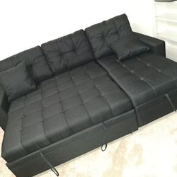 Black Linen Sectional Sofa W/storage Chaise And Pullout Bed