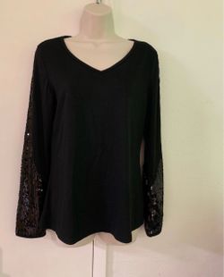 Black Sequin Tops Sparkle Long Sleeve blouse size medium.   (H)