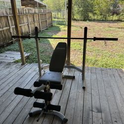 BODYCHAMP adjustable squat Rack, bench & cap 45Lb Olympic Barbell 7ft