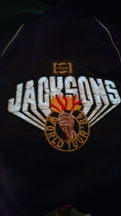 Vintage Collectable The Jacksons 5 world tour 1984 memorabilia ,Vintage, 80s Black Sateen Bomber with Metallic Patches Michael Jackson, Unisex Small