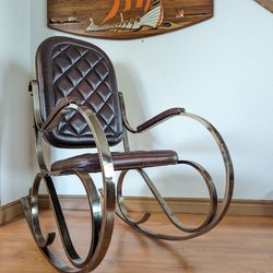 Stunning French 70s Mid Century Chrome Leather Vintage Rocking Chair
