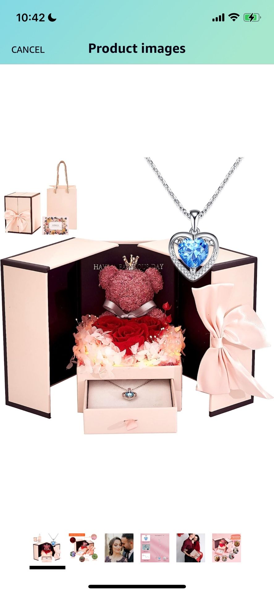 Preserved Rose Moss Bear with 925 Silver Heart Necklace - LED Light Gifts for Mom, Wife, Girlfriend on Valentine's Day, Mother's Day, Christmas, Birth