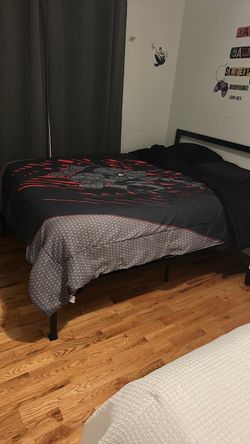 Full size bed, pillow top mattress, mattress protector and bed sheets included.  $300 or better offer
