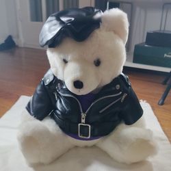 Plush Hard Rock Teddy Bear with Faux Leather Jacket & Hat Like New