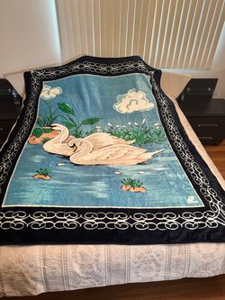 Vintage plush blanket with a large swan/lake design. Very comfortable and cozy blanket. Queen size.