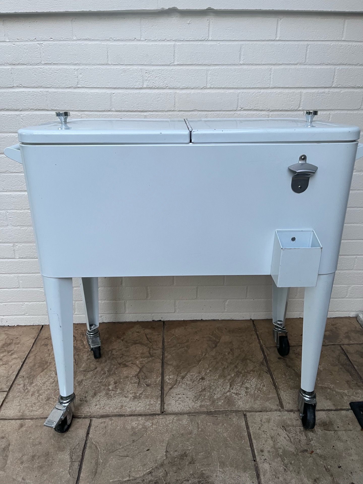 White Rolling Patio Cooler with Bottle Opener