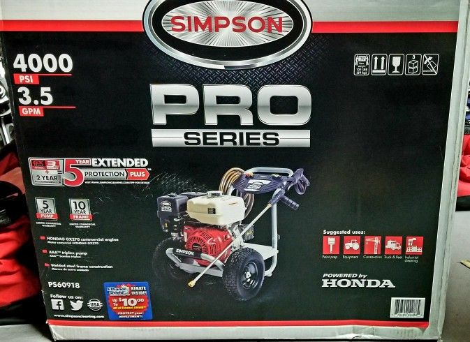 Simpson PS60869 4000 PSI @ 3.5 GPM Cold Water Gas Pressure Washer Powered by Honda