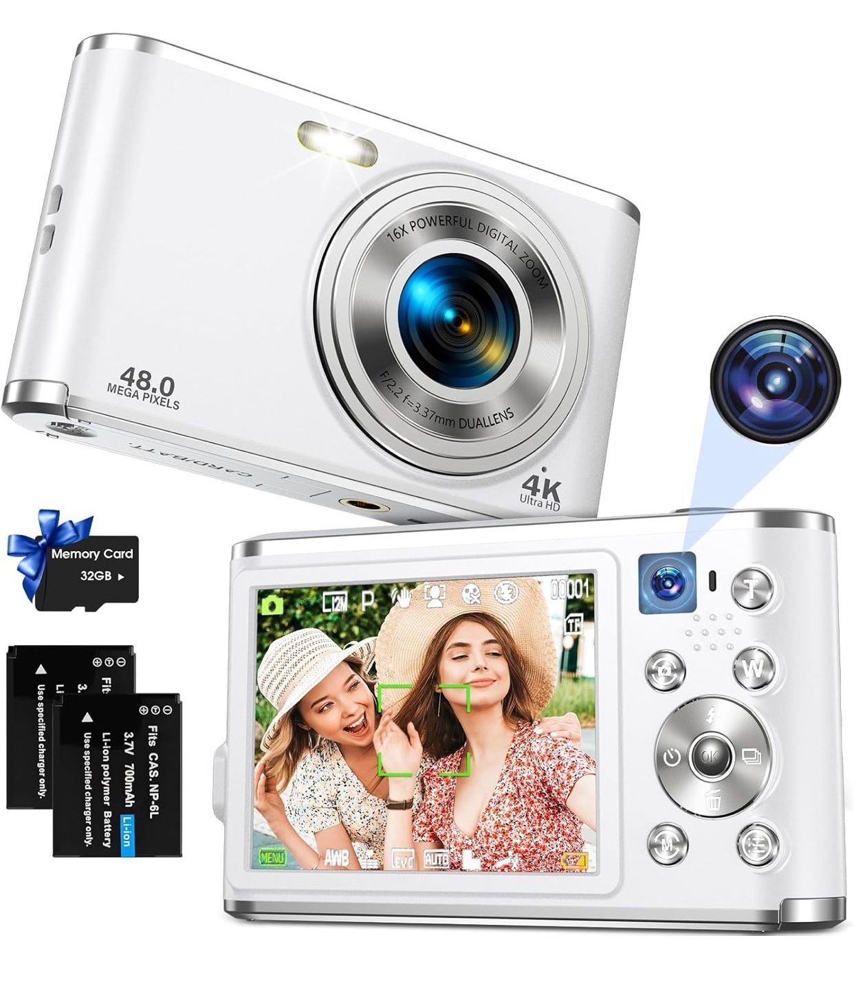 Digital Camera, Auto Focus 4K Vlogging Camera with FHD Dual Lens 48MP 16X Digital Zoom with 32GB Card, YouTube Portable Compact Point and Shoot Camera
