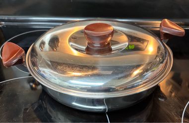 MID CENTURY SHRIMP COCKTAIL/FONDUE SET-STAINLESS AND BAKELITE
