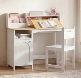 Kids Study Desk with Hutch and Tiltable Desktop and Chair Set