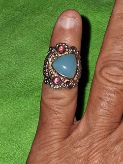 Vintage Sterling Sign Sajen Sea Blue Chrysoprase and Amethyst Adjustable Ring