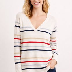 LOFT Striped Luxe Knit V-Neck Tunic Sweater Women’s Small | Cashmere-Feel Soft Knit | Classic Neutral Stripe Pullover