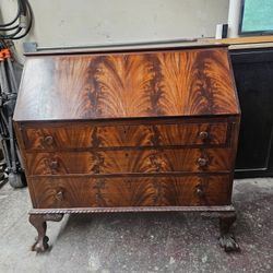 Early 1900’s Claw And Ball Feet  Flame Mahogany Secretary Desk 