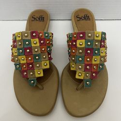 Sofft Leather Wedge Multicolor Sandals With Gold Rivets Size 7M