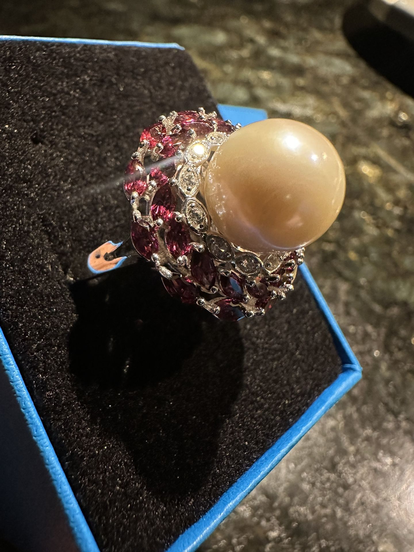 Beautiful Pearl and Pink and White Lab Diamond Sterling Silver Ring