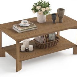 Wood Coffee Table, 39" Rectangle Rustic Center Table with 2-Tier Storage Shelf for Living Room  ( Dark Brown )  (Dark Wood)  (Grey)  (Walnut&White)
