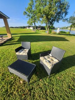 3-Piece Outdoor Wicker Patio Bistro Set – 2 Cushioned Chairs + Glass-Top Table